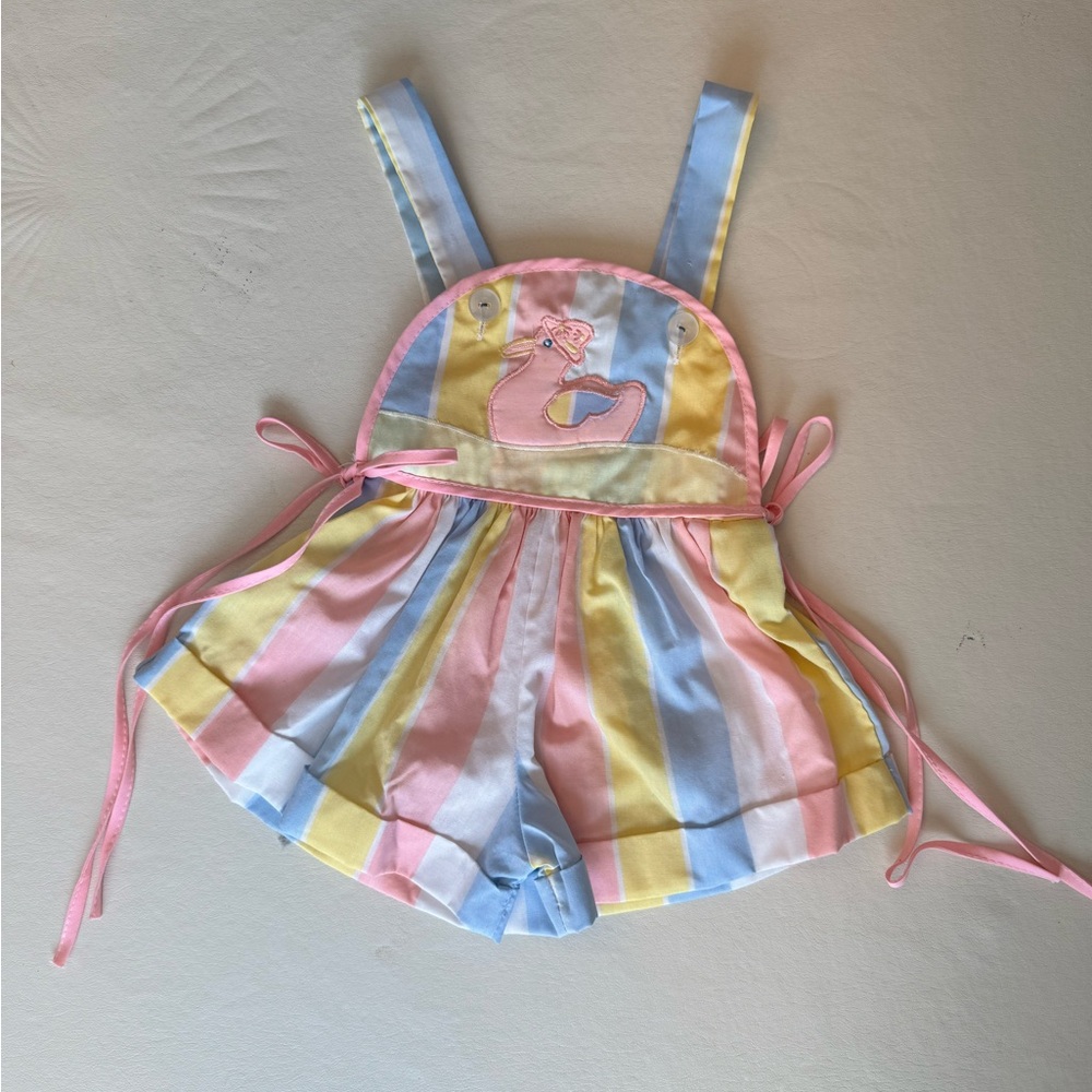 Vintage Pastel Striped Kids Romper with Embroidered Detail